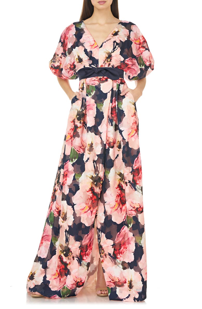 Carmen Marc Valvo Infusion Floral Print Chiffon Ballgown, Main, color,