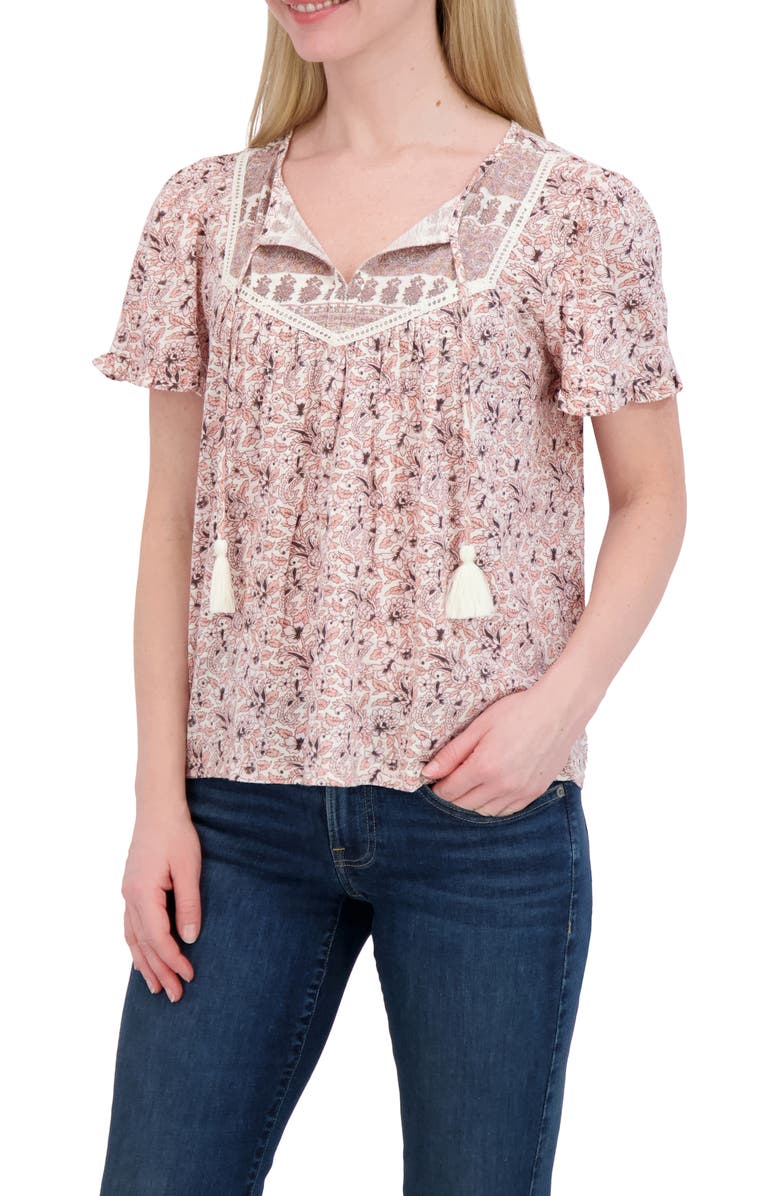 Lucky Brand Split Neck Puff Sleeve Top, Alternate, color, Cream Floral