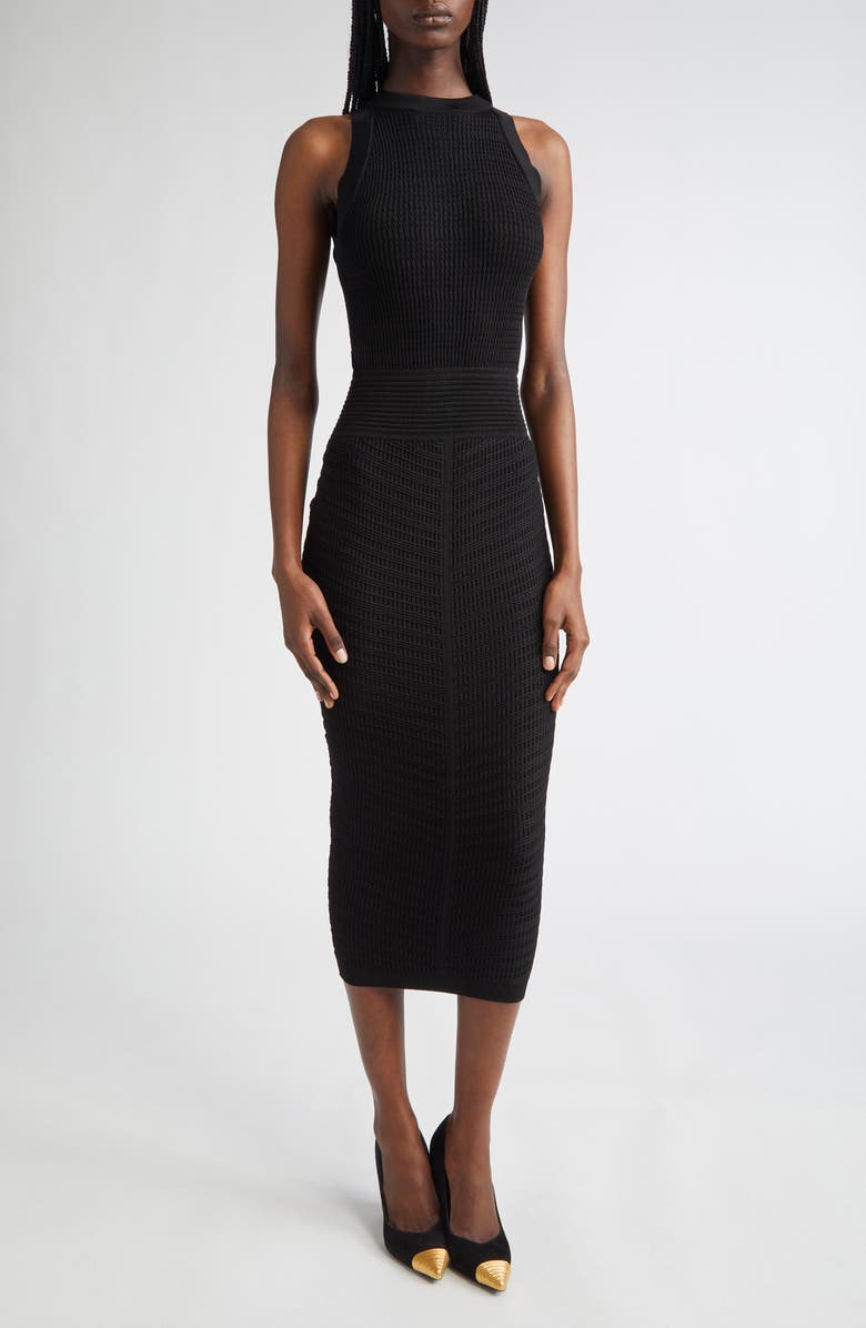 Balmain MIxed Stitch Sleeveless Body-Con Midi Dress, Main, color, Black