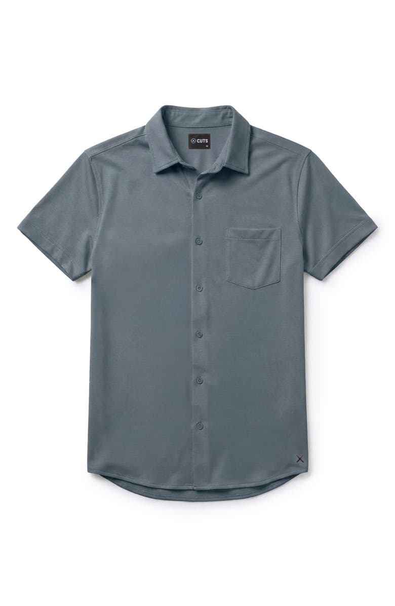 Cuts AO Curved Hem Short Sleeve Button-Up Shirt, Alternate, color, Ocean Storm