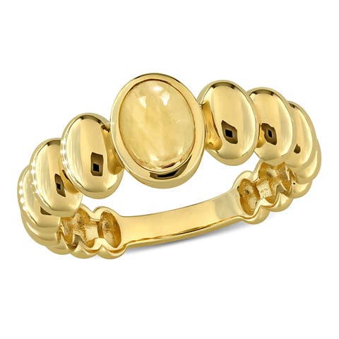 Citrine Oval Beaded Ring Yellow Plated Silver