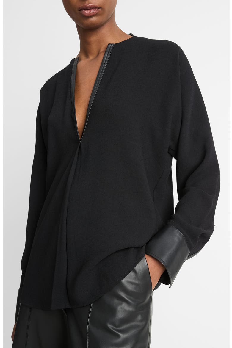 Faux Leather Trim Dolman Sleeve Top, Alternate, color, BLACK