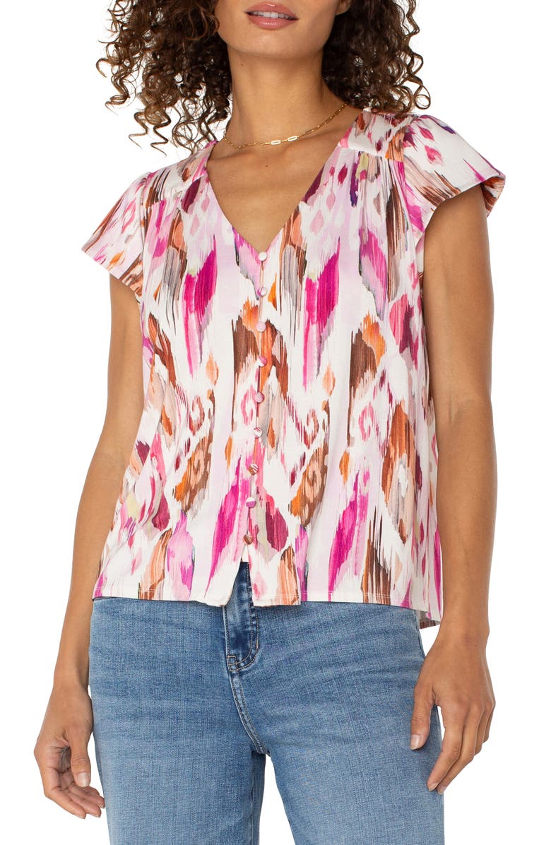 (取寄) リバプールロサンゼルス レディース フラッター スリーブ ボタン フロント ニット トップ Liverpool Los Angeles women Flutter Sleeve Button Front Knit Top Pink Printed Ikat Liverpool Los Angeles Flutter Sleeve Knit Button-Up Shirt | Nordstrom