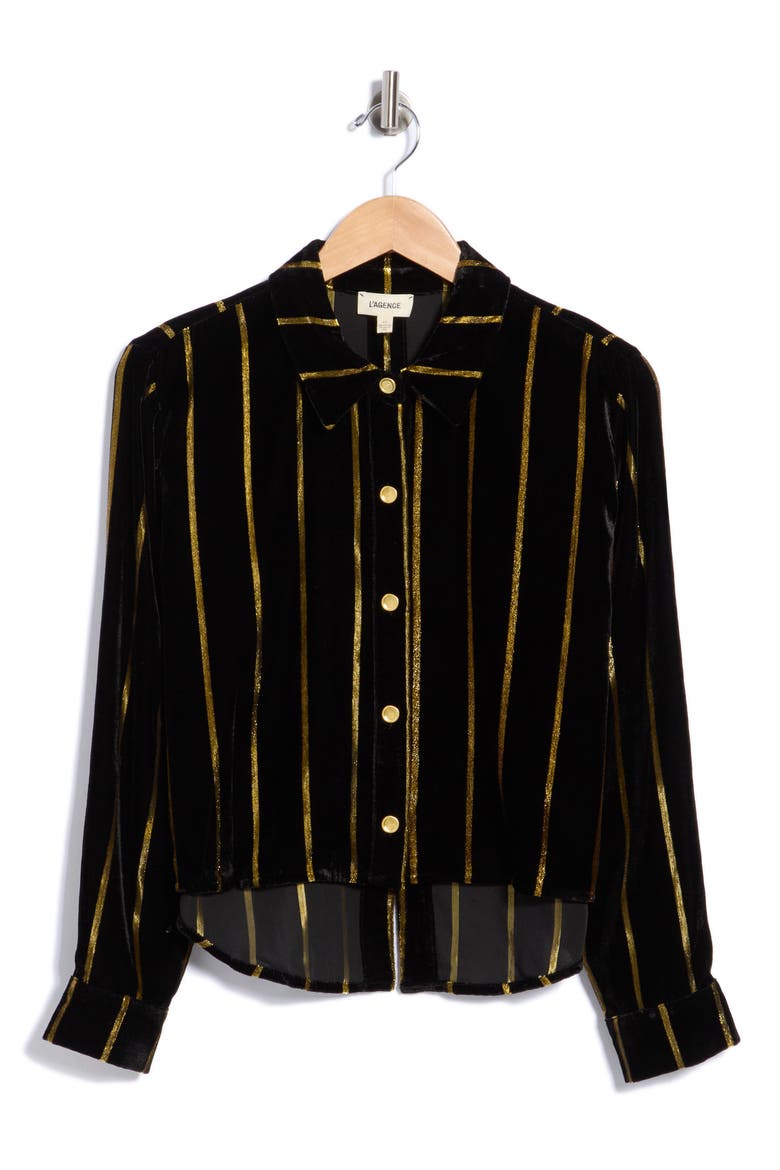 Cosette Cropped Metallic Stripe High-Low Shirt, Main, color, BLACK/ GOLD STRIPE