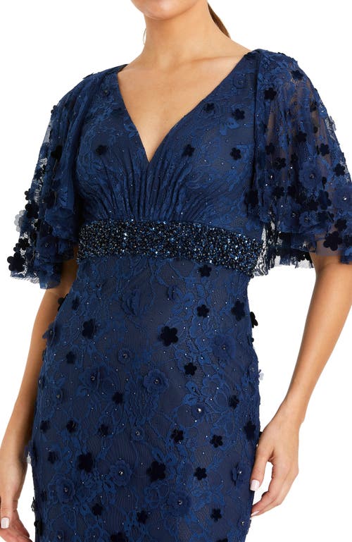 Mac Duggal Embellished Floral Short Sleeve Gown In Midnight