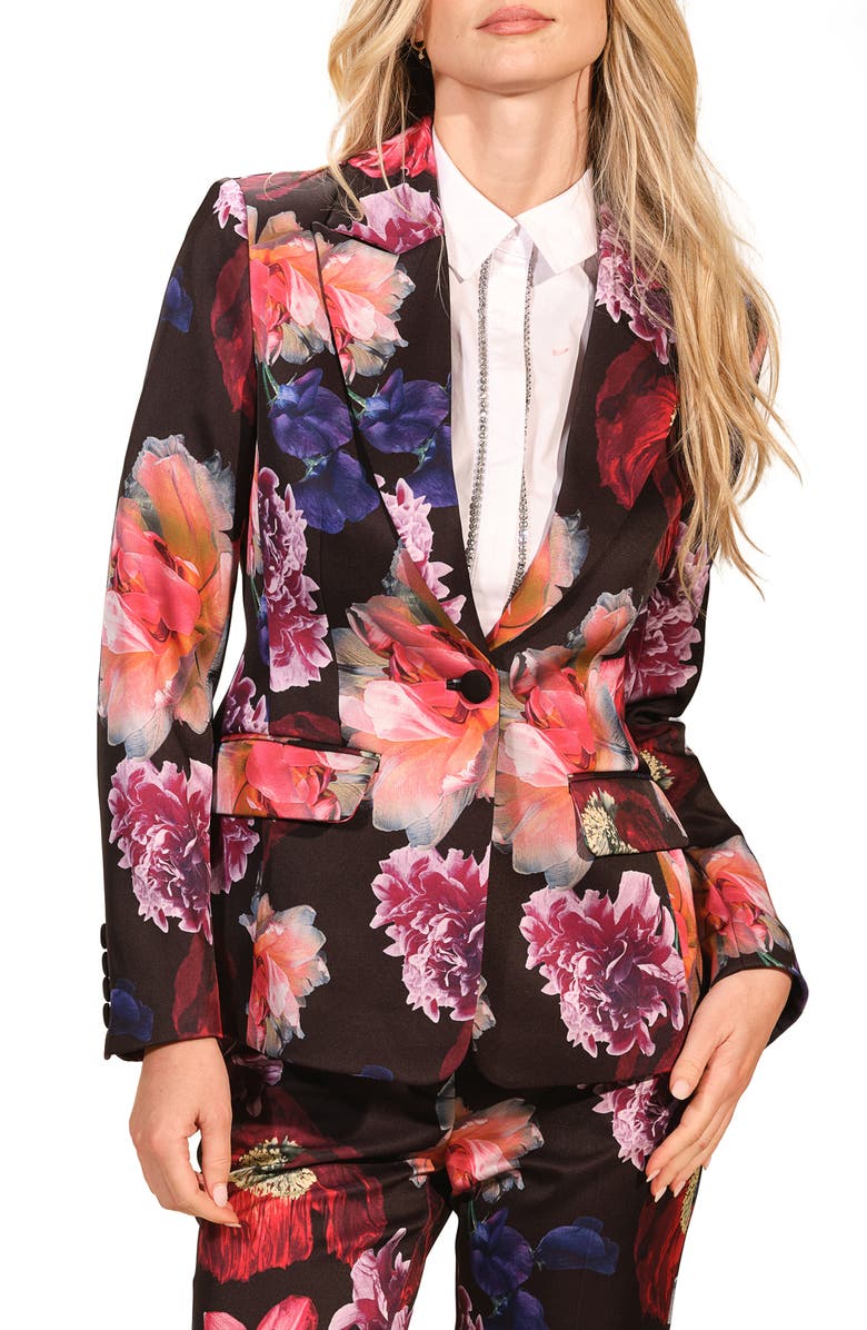 Isaac Mizrahi New York Floral Satin Tuxedo Jacket, Main, color, Fleur Nocturne