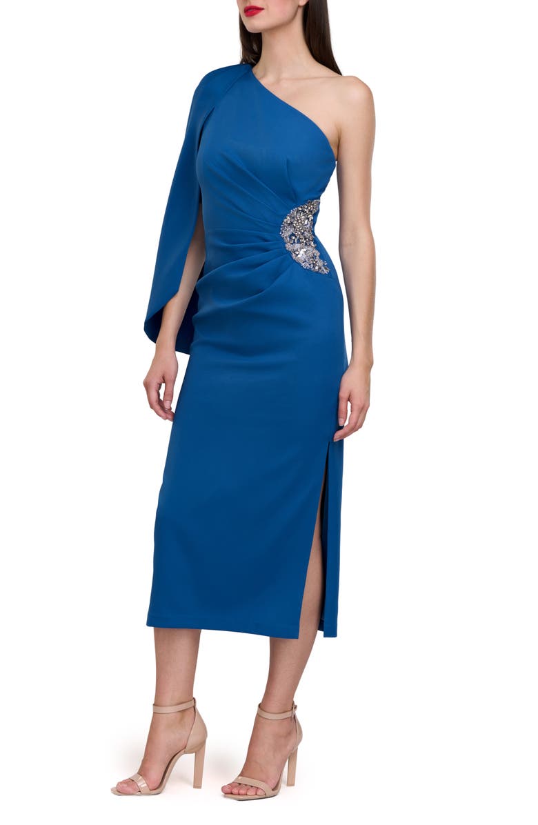 JS Collections Amelie One-Shouler Cape Sleeve Cocktail Dress, Alternate, color,