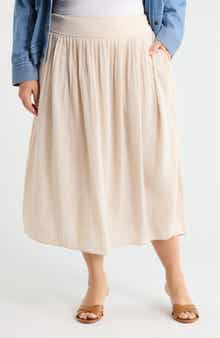 Pleated Linen Blend Midi Skirt