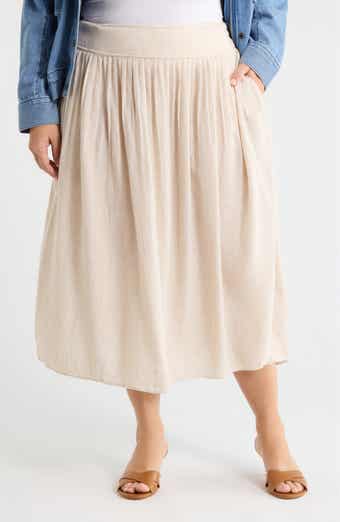 Pleated Linen Blend Midi Skirt