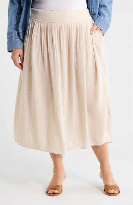 Pleated Linen Blend Midi Skirt