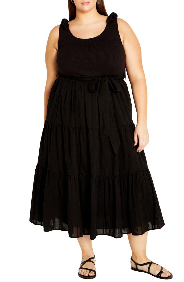 City Chic Hallie Mixed Media Tiered Midi Dress, Main, color, Black