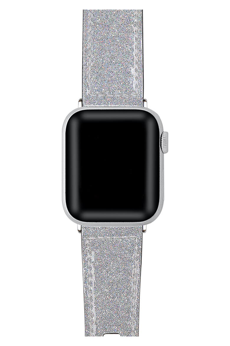 Callie Glitter Leather Apple Watch® Watchband, Alternate, color, SILVER
