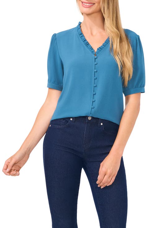 Frill V-Neck Button-Up Blouse