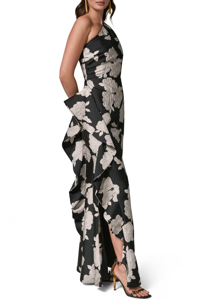 Floral Embroidery One-Shoulder Gown, Alternate, color, BLACK CREAM