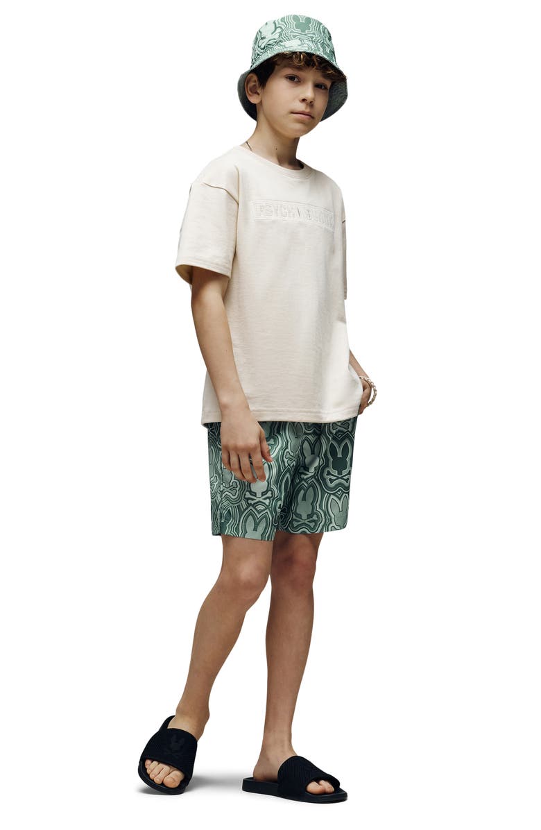 Psycho Bunny Kids' Chuck Print Swim Trunks, Alternate, color, Iceberg Green