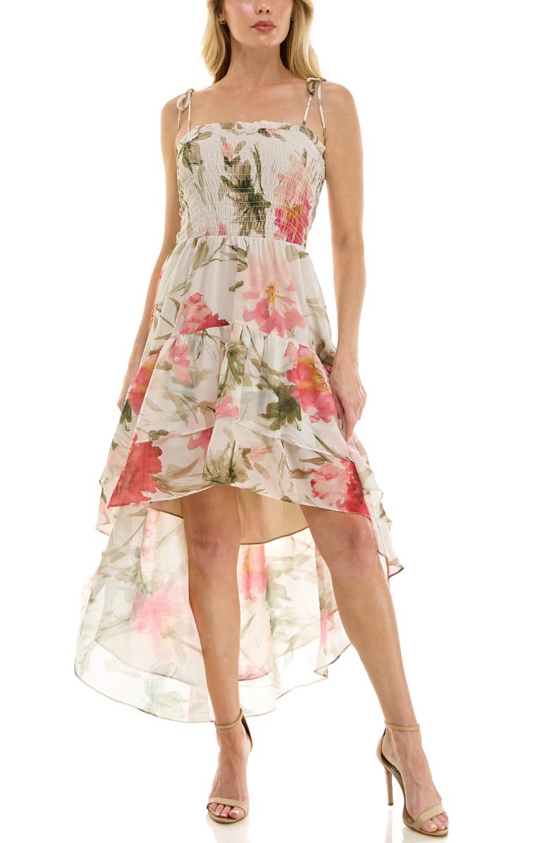 Socialite Smocked Bodice Tie Strap High-Low Midi Dress, Main, color, Cream Pink