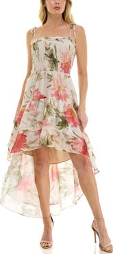 Socialite Smocked Bodice Tie Strap High-Low Midi Dress