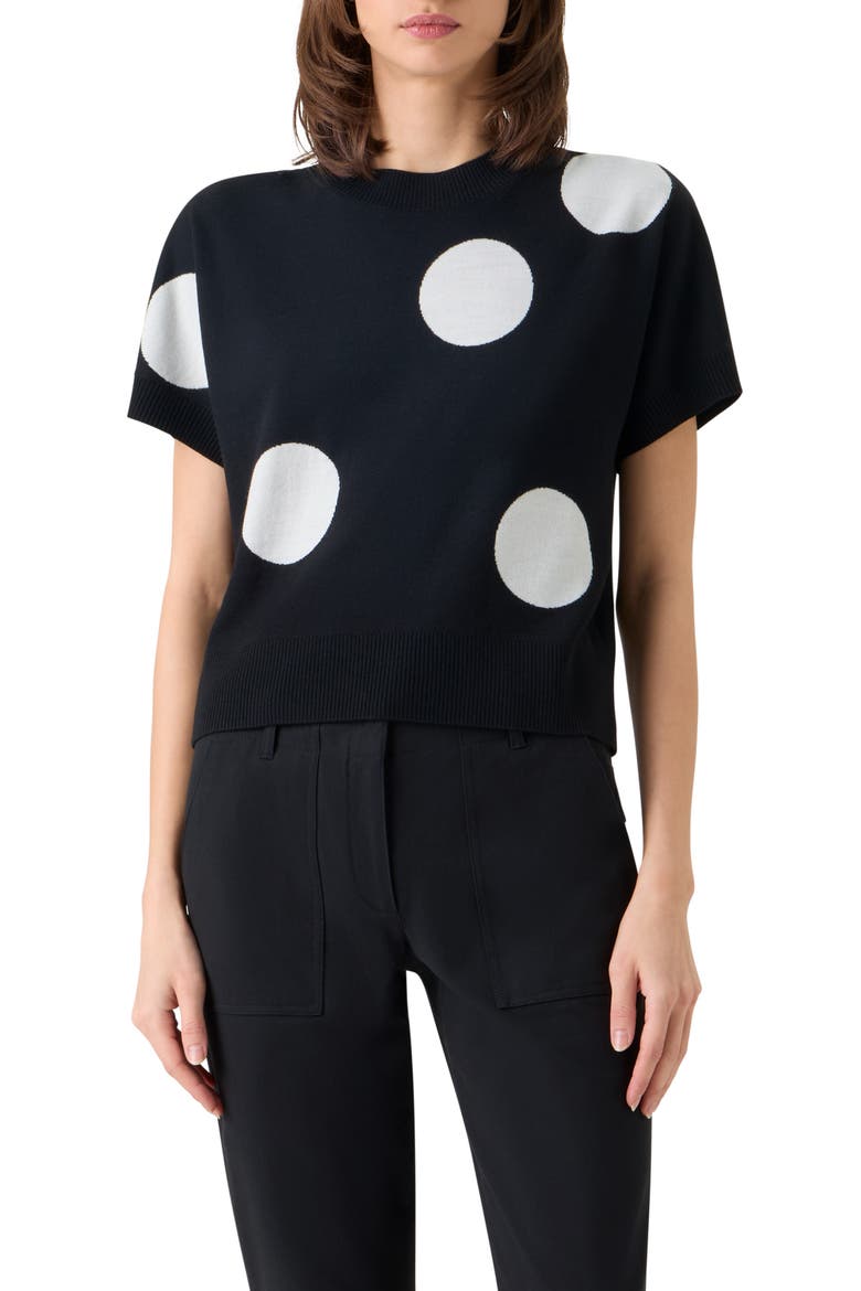 Relaxed Polka Dot Short Sleeve Virgin Merino Wool Sweater, Main, color, BLACK-CREAM