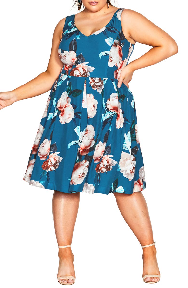 City Chic Daria Floral Print Fit & Flare Dress, Main, color, Teal Print