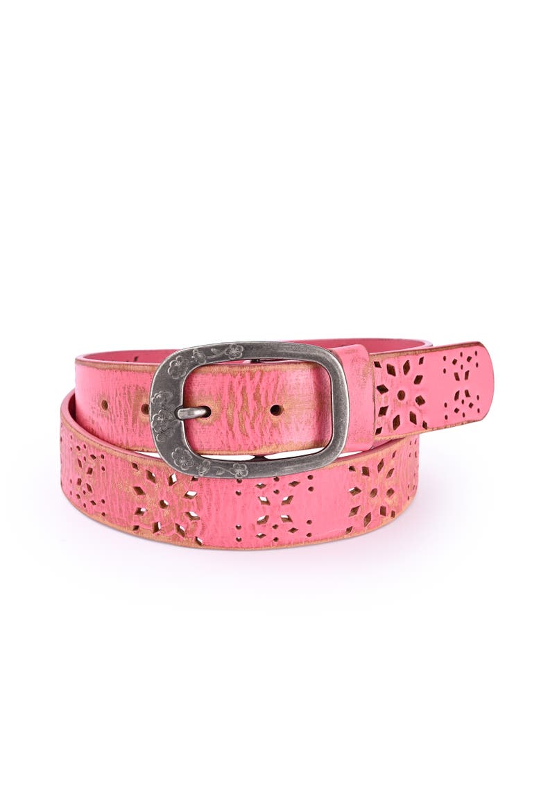 Blooming Genuine Leather Perforated Floral Vintage Belt, Main, color, Pink
