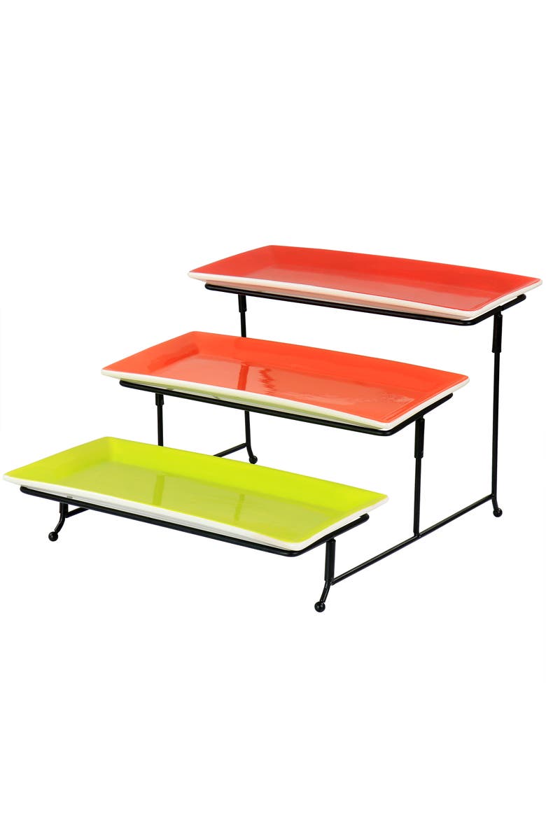 Crenshaw Hand Painted Stoneware 3-Tier Serving Set with Metal Rack color, Main, color, Assorted