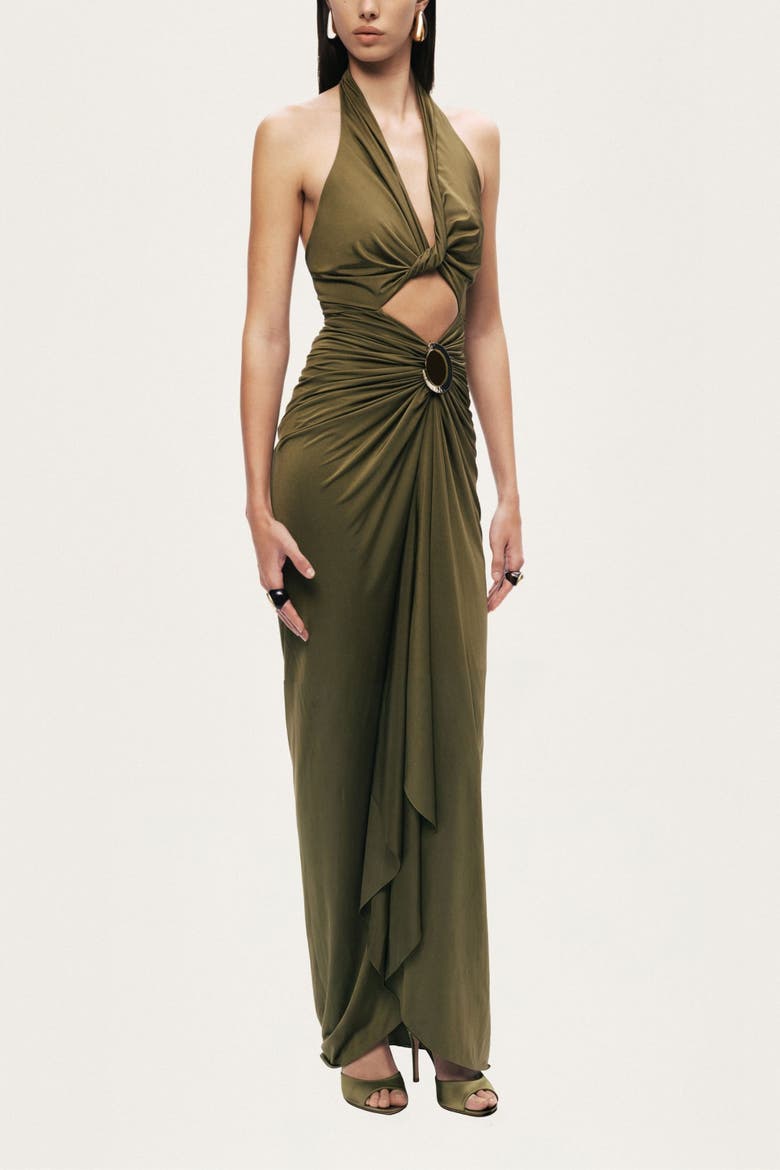 Cut-Out Halter Maxi Dress, Alternate, color, Olive Green