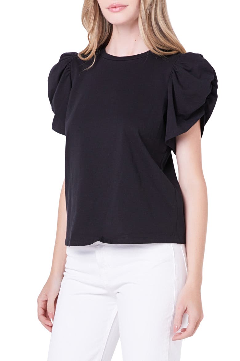 Gathered Sleeve Knit Top, Alternate, color, BLACK