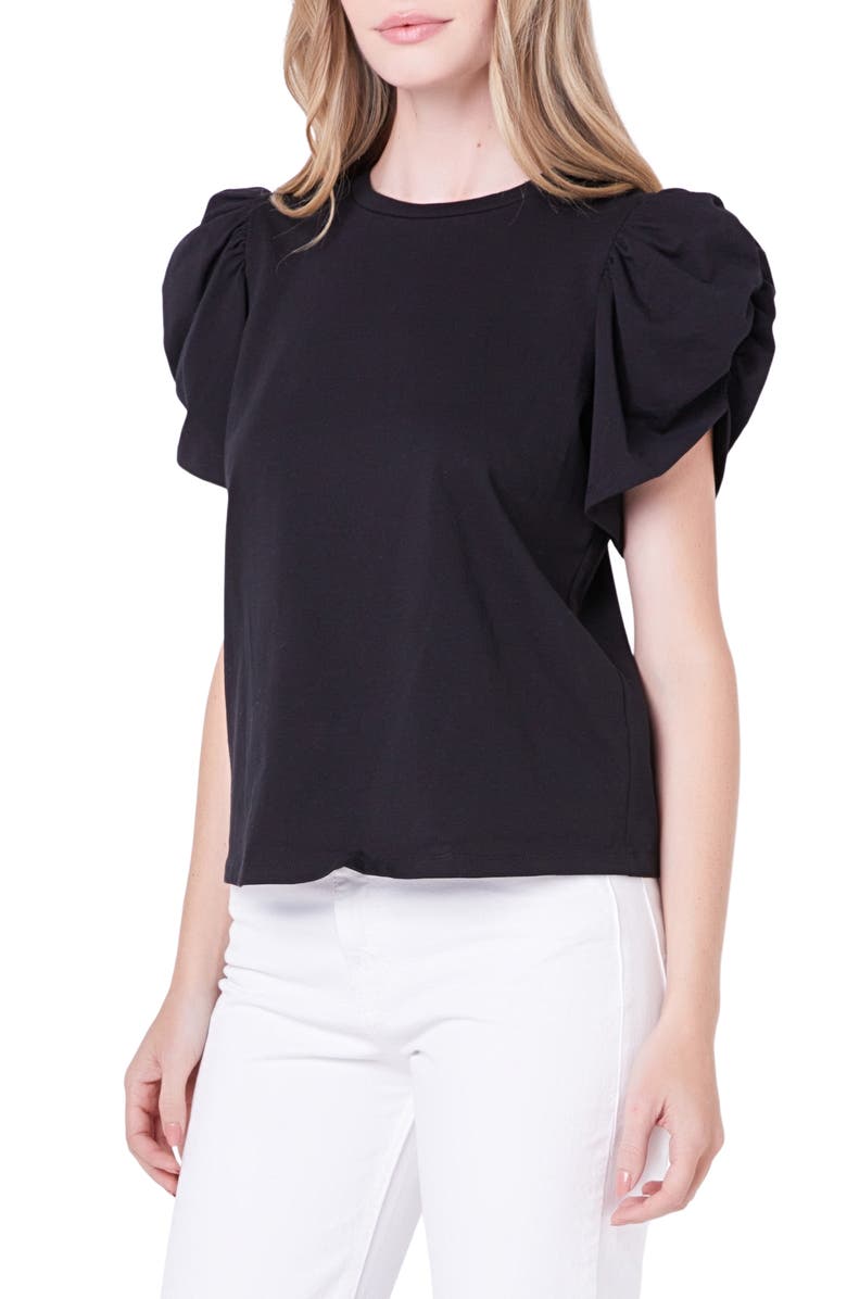 English Factory Gathered Sleeve Knit Top, Alternate, color, Black