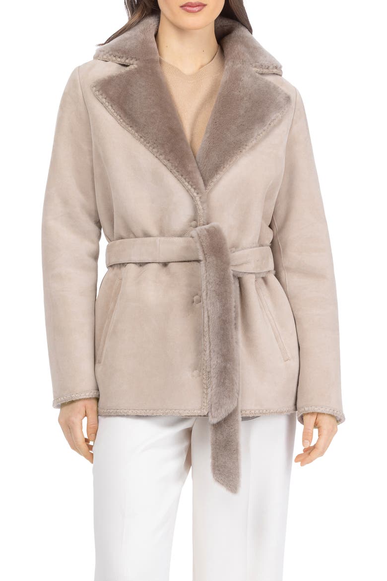 Genuine Shearling Belted Jacket with Whipstitch Trim, Alternate, color, Taupe