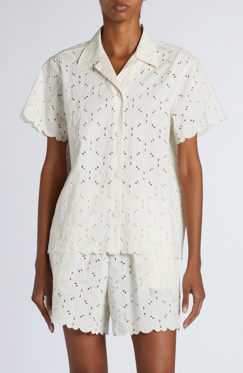 Moncler Cotton Blend Eyelet Button-Up Shirt, Main, color, 