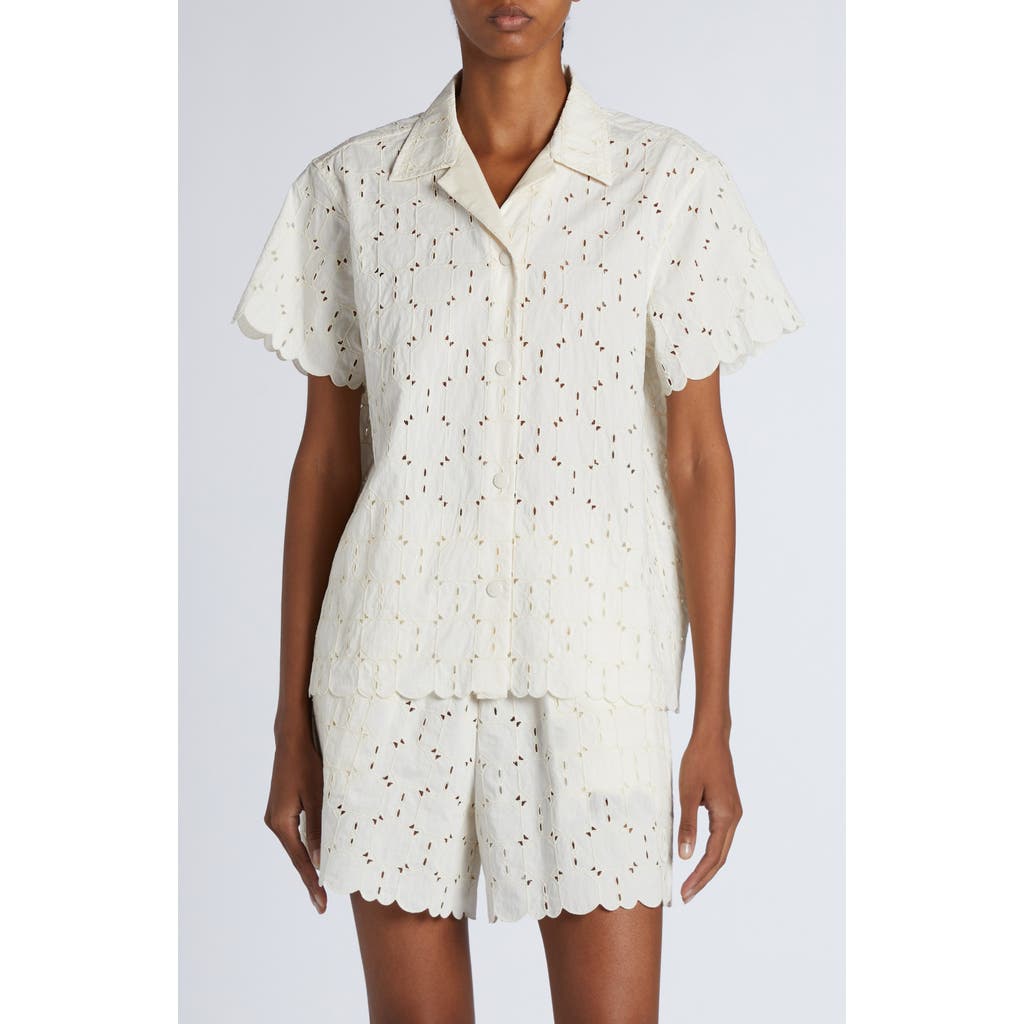 Moncler Short-sleeve Cotton Blend Shirt With Embroidered Design In White