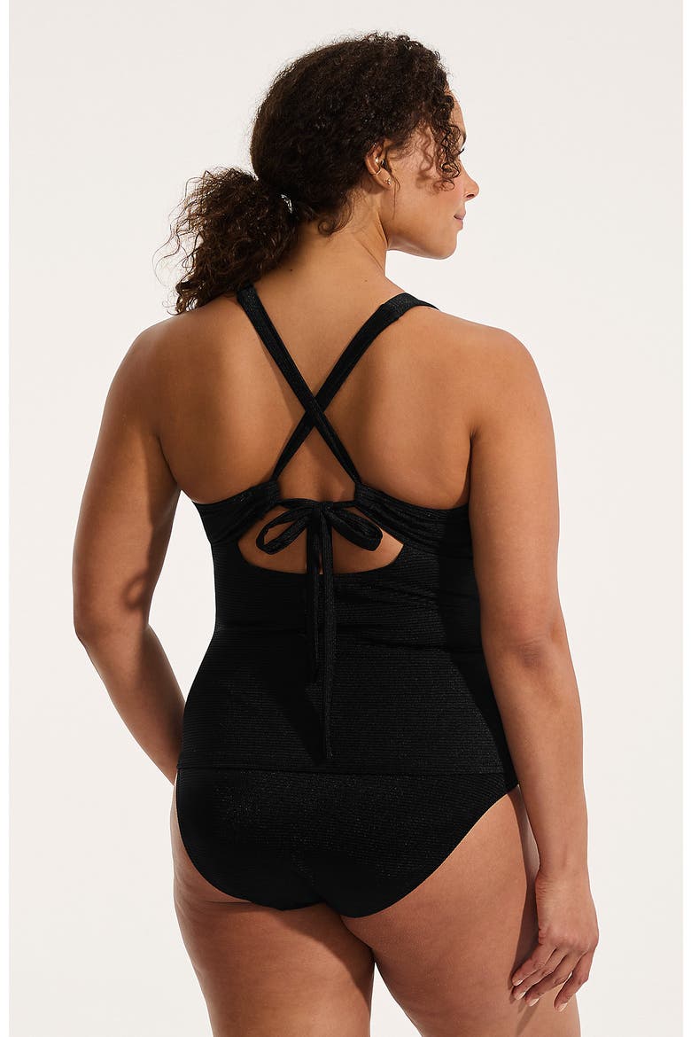 Plus Size Shine Ribbed Tankini Top and High Waisted Bottom Swimsuit Set, Alternate, color, Black Ottoman