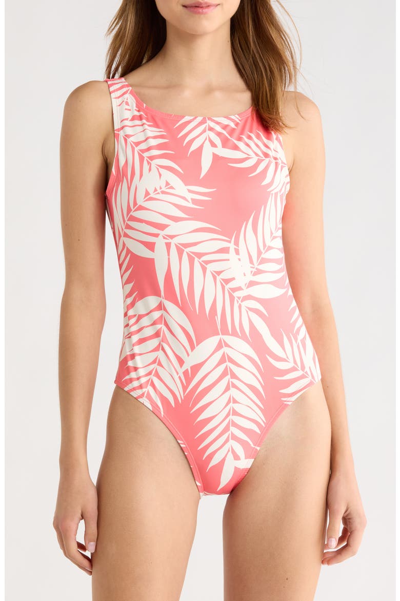 Buckle Back One-Piece Swimsuit, Main, color, CORAL PARADISE FOLIAGE