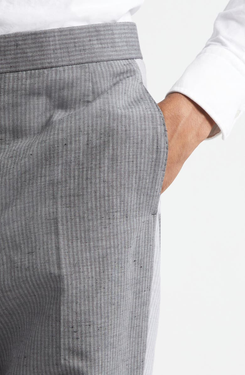 Thom Browne Stripe Colorblock Linen & Cotton Backstrap Pants, Alternate, color, Light Grey
