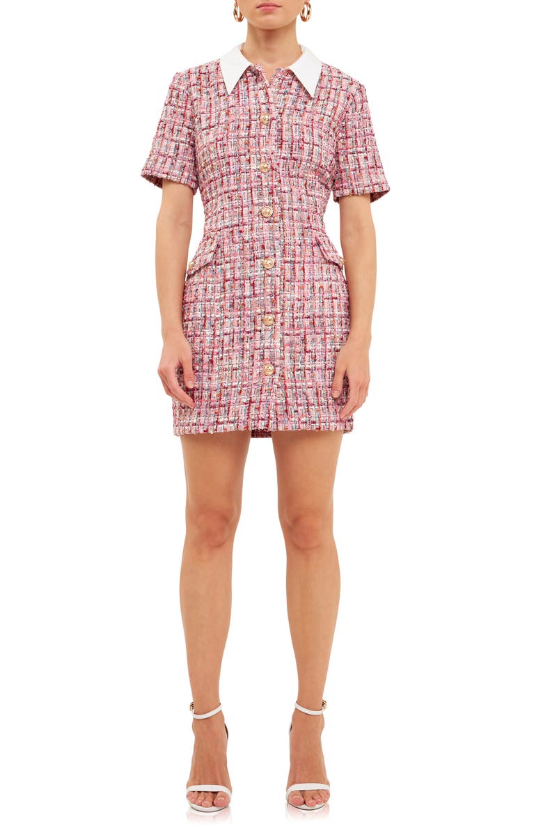 Endless Rose Point Collar Tweed Mini Shirtdress, Main, color, Pink Multi