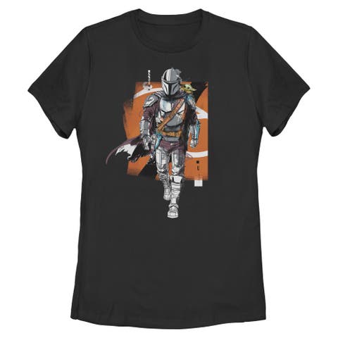 Women's Star Wars The Mandalorian and Grogu Artistic Mando And The Child Pose  Graphic T-Shirt