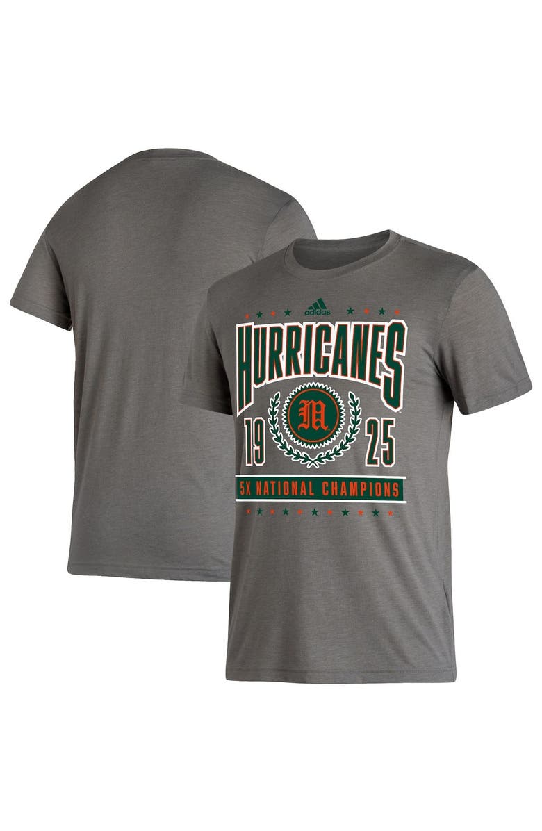 adidas Men's adidas Heathered Charcoal Miami Hurricanes 5X National Champions Reminisce Tri-Blend T-Shirt, Alternate, color, Heather Charcoal