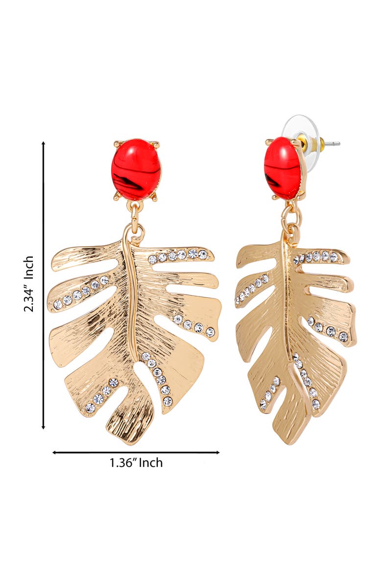 Jessica Simpson Gold-Tone Tropical Leaf Drop Earrings with Red Accents, Statement Earrings with Crystal Detailing, Alternate, color, Gold