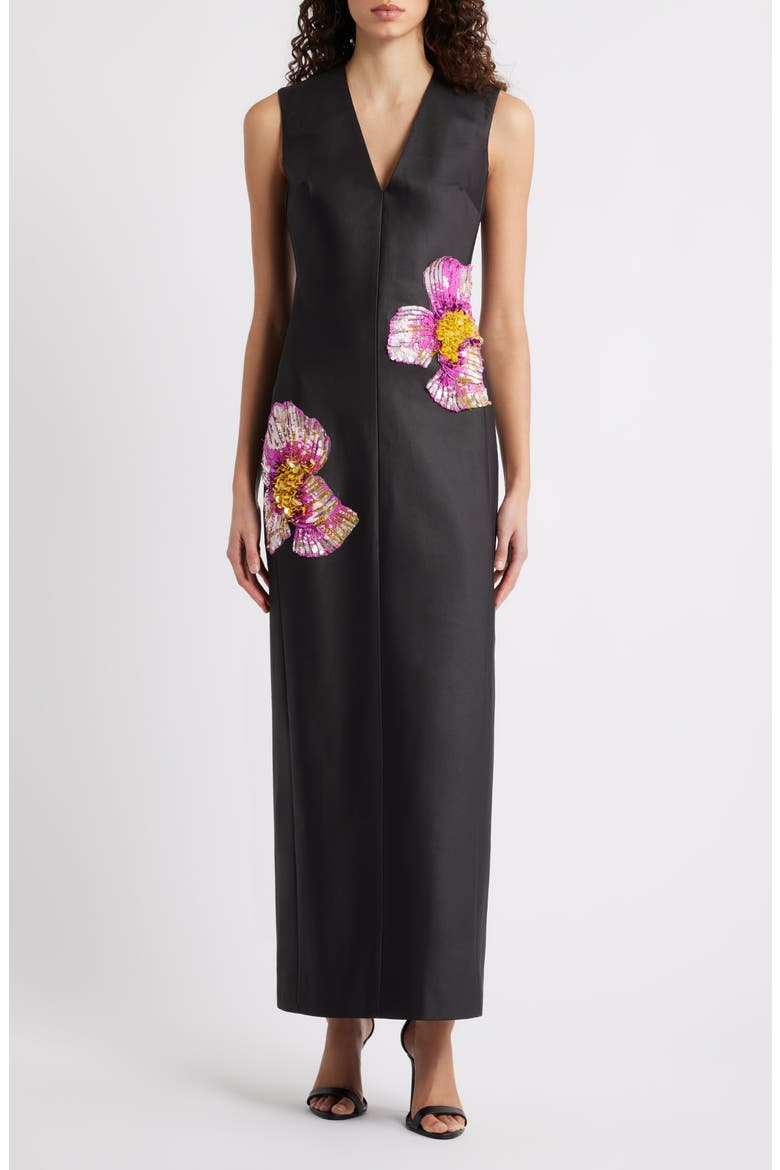 Eastonhill Sequin Bloom Crepe Maxi Dress, Main, color, BLACK