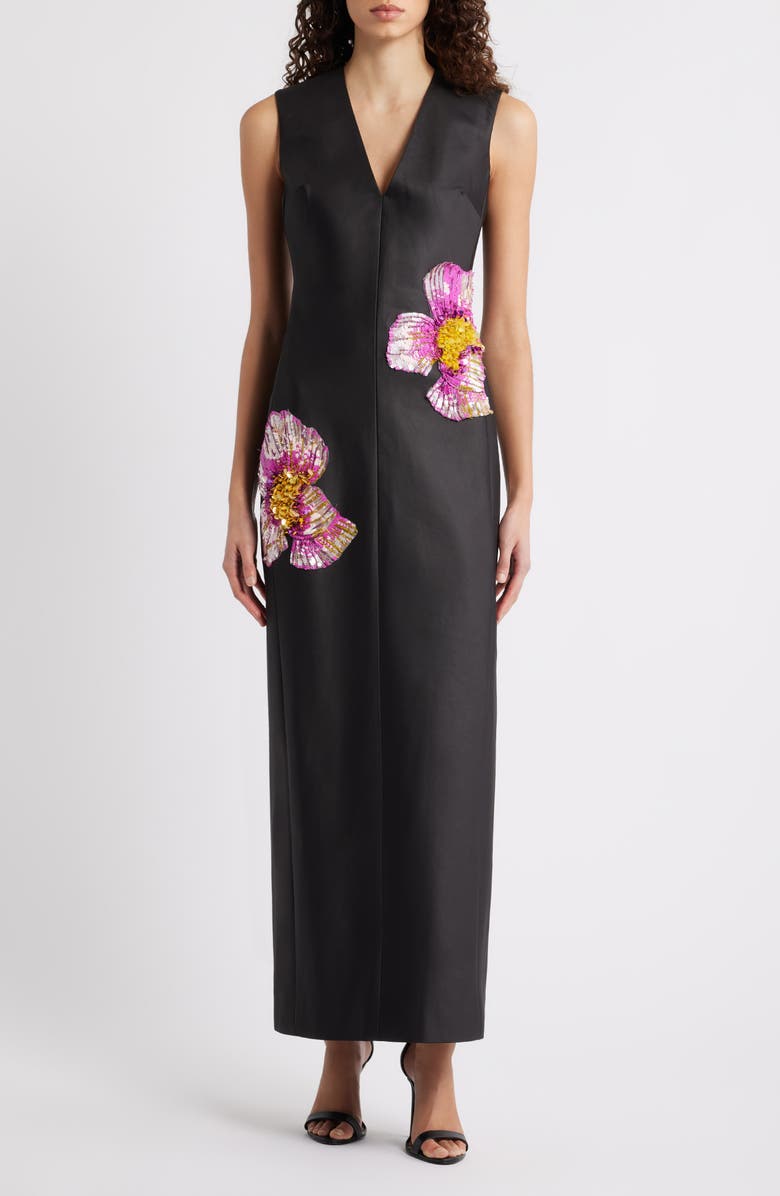 Acler Eastonhill Sequin Bloom Crepe Maxi Dress, Main, color, Black