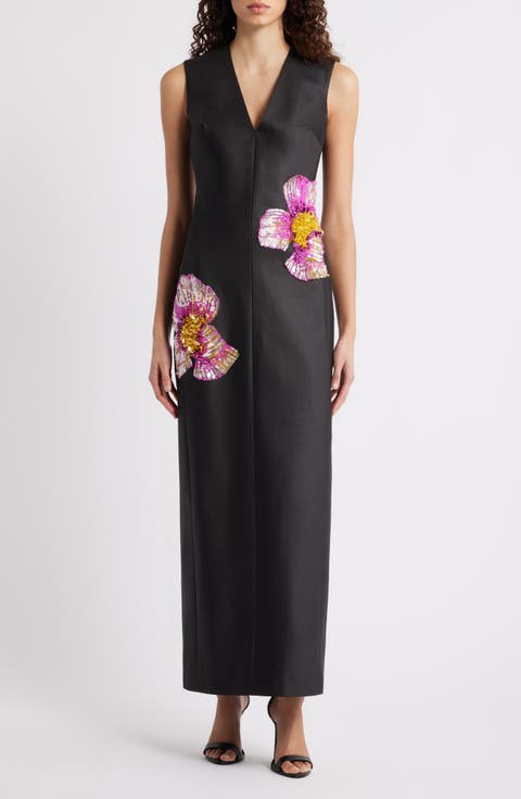 Eastonhill Sequin Bloom Crepe Maxi Dress