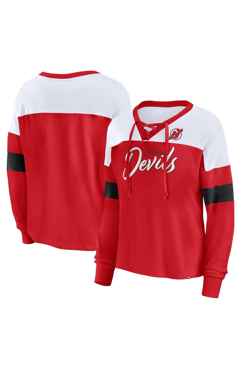FANATICS Women's Fanatics Red New Jersey Devils Take the Shot Long Sleeve Lace-Up V-Neck T-Shirt, Alternate, color, 