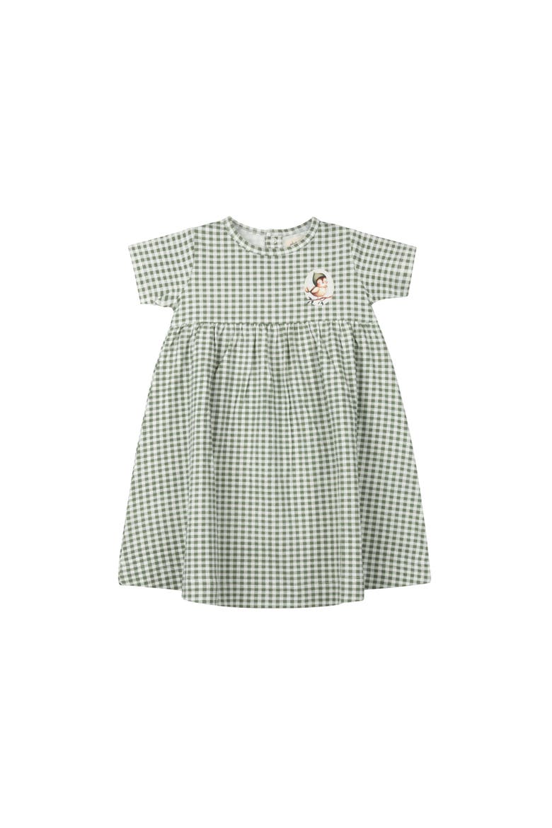 Gingham Owl Collection - Girls Short Sleeve Dress, Main, color, Sage
