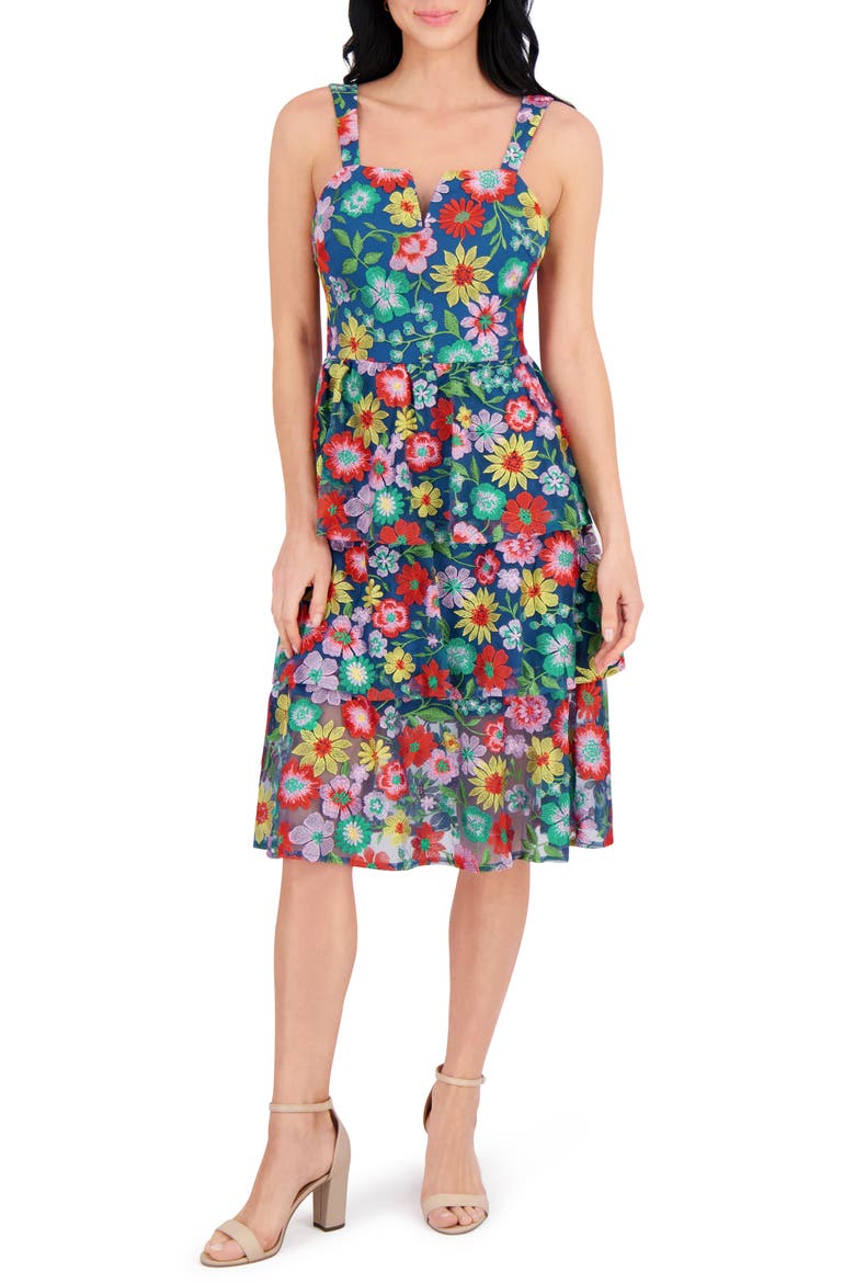 Embroidered Mesh Tiered Dress, Main, color, BLUE MULTI