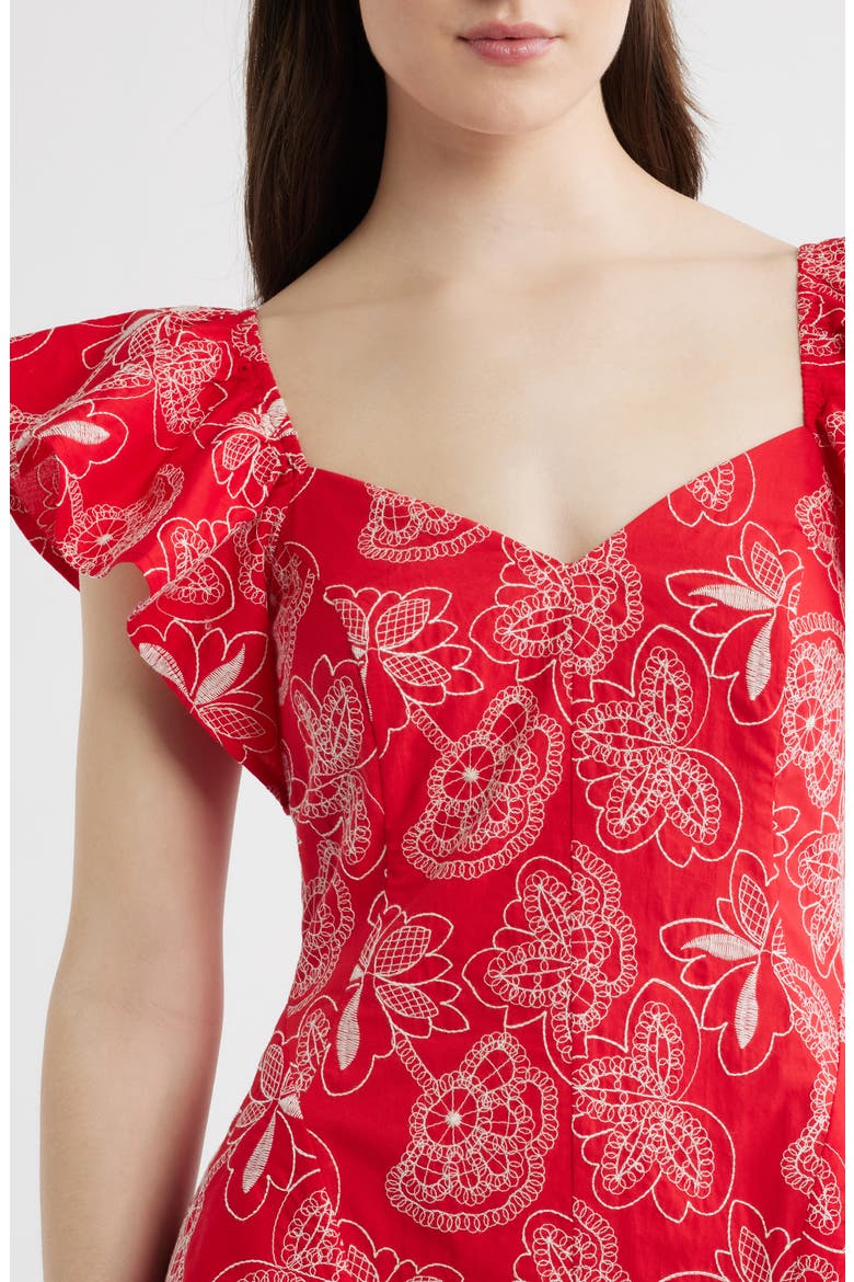 Giovana Floral Embroidery Flutter Sleeve Cotton Minidress, Alternate, color, HOT CORAL