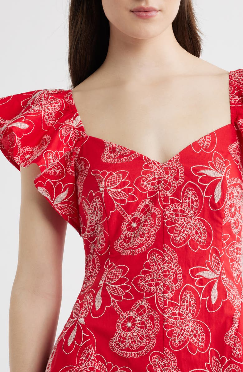 LAYERED WITH LOVE Giovana Floral Embroidery Flutter Sleeve Cotton Minidress, Alternate, color, Hot Coral