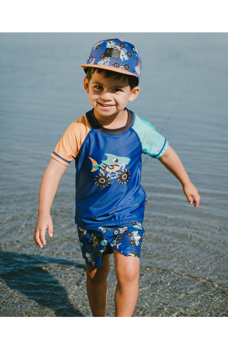 Deux par Deux Flat Brim Truck Print Cap, Alternate, color, Blue Printed Trucks