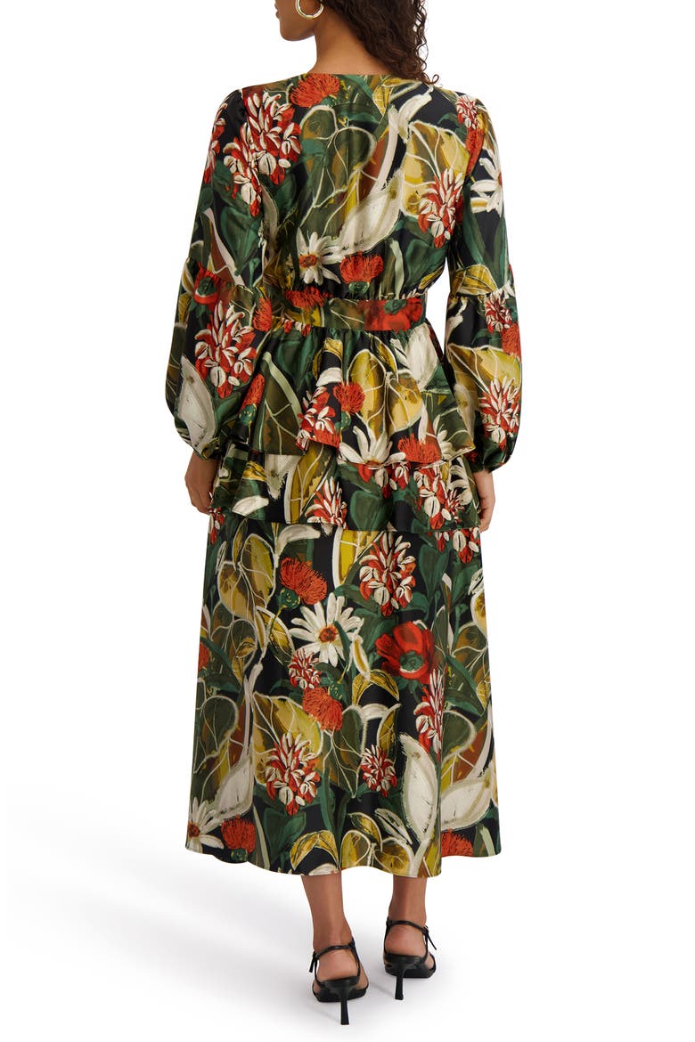 Floral Long Sleeve Tiered Satin Maxi Dress, Alternate, color, BLACK MULTI