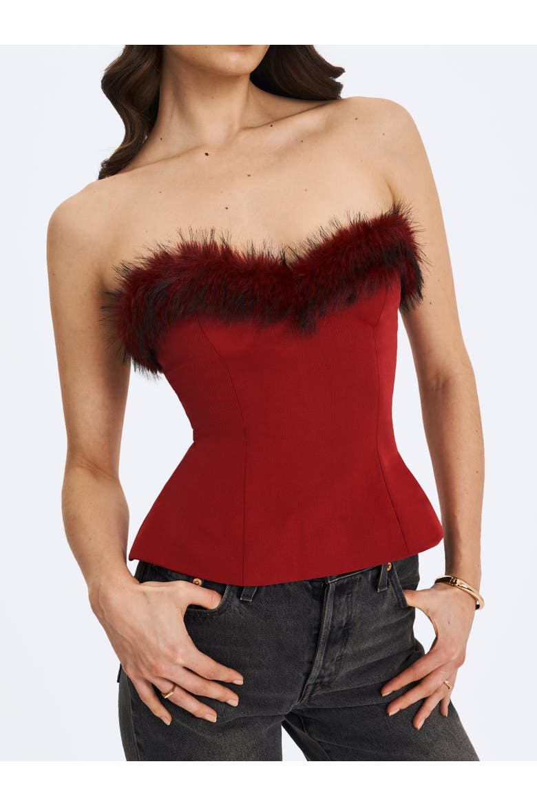 Ivette Faux Fur-Trimmed Peplum Top, Alternate, color, Crimson
