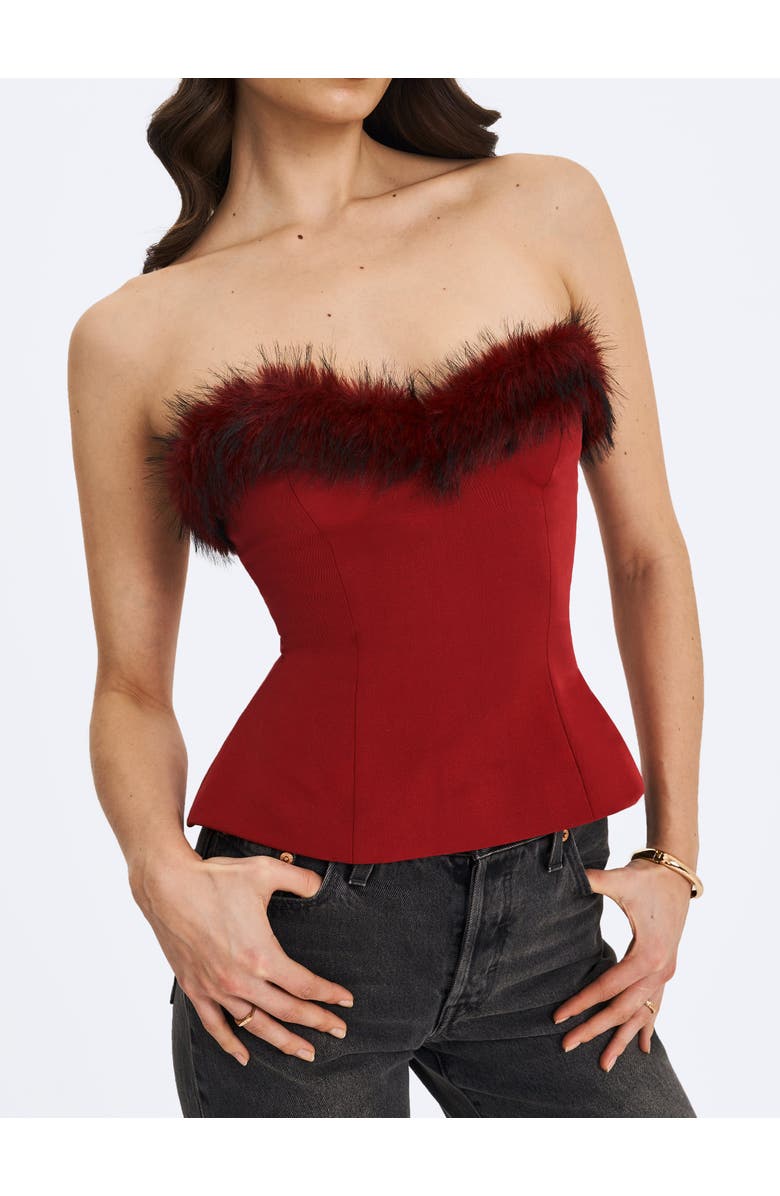 Miss Circle Ivette Faux Fur-Trimmed Peplum Top, Alternate, color, Crimson